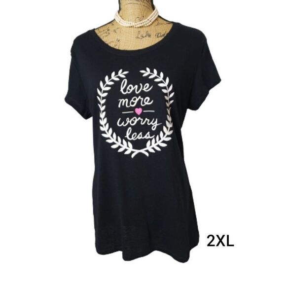 Women's Plus Graphic Tee Love More Worry Less Black T-Shirt 2XL NWOT - Picture 1 of 5